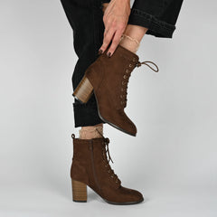 BAYLOR Wide-Calf Vegan Leather Lace-Up Booties in Oxblood Patent