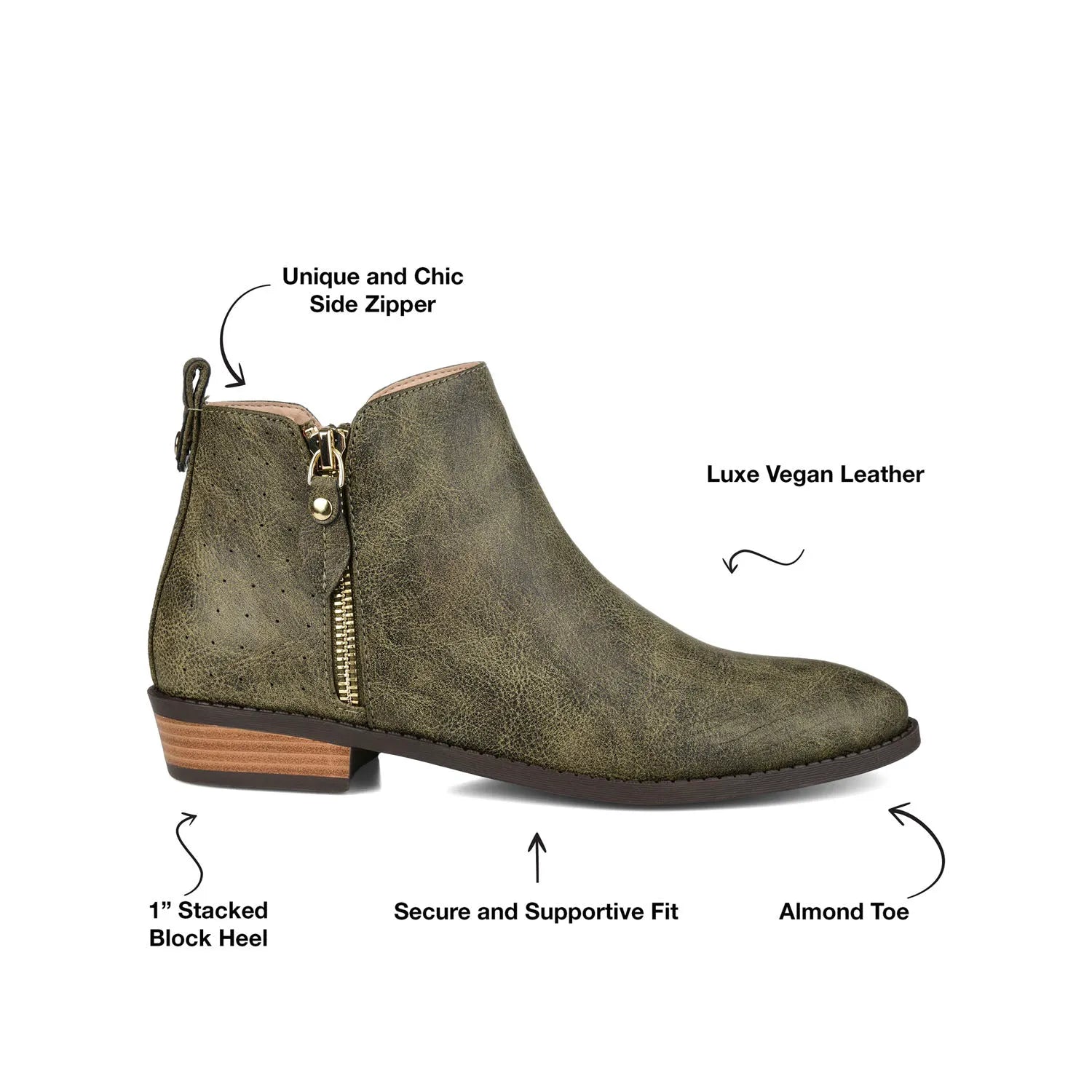 Ellis Zip-Up Bootie in Vegan Leather - Olive