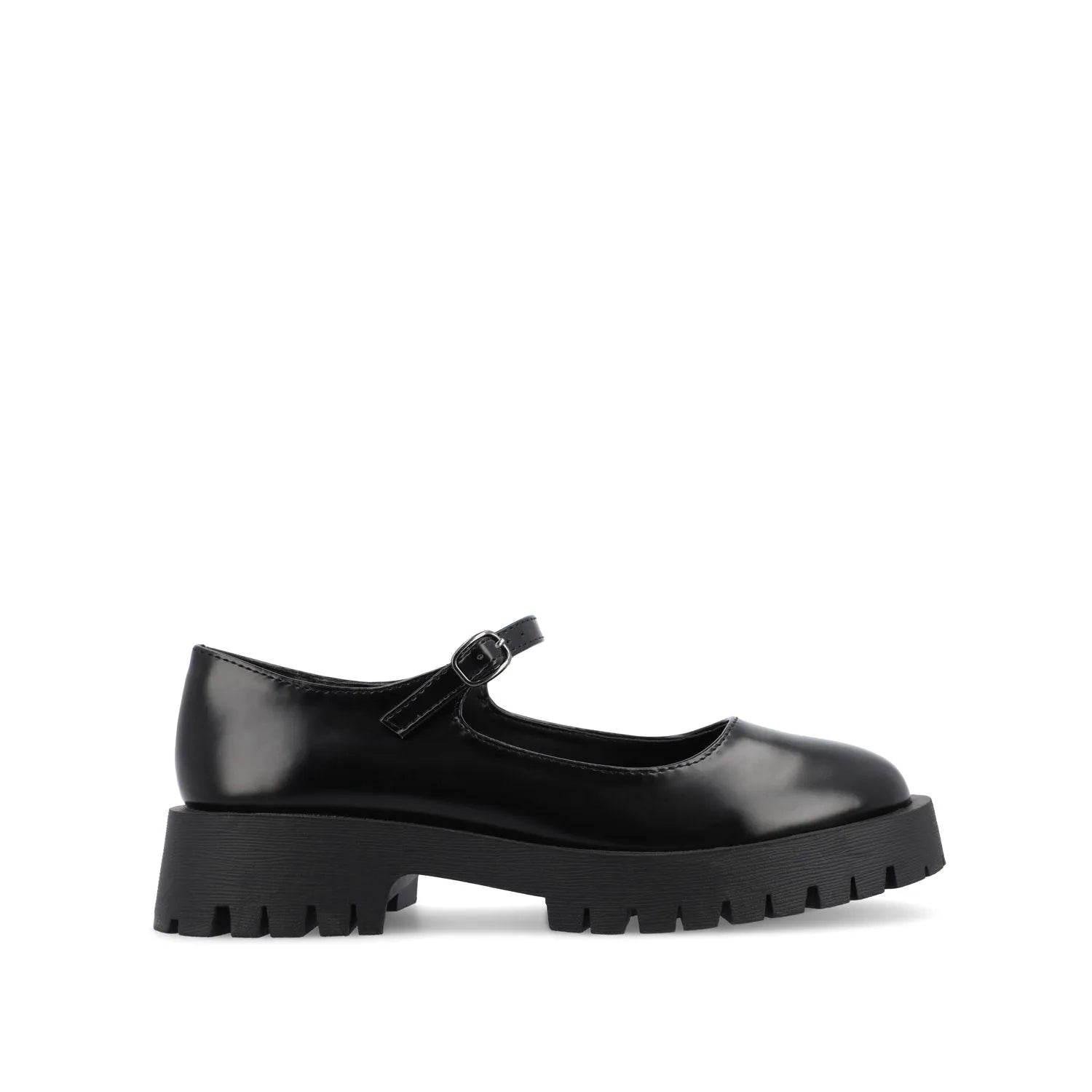 KAMIE Wide Fit Mary Jane Flats with Lug Sole in Black PU