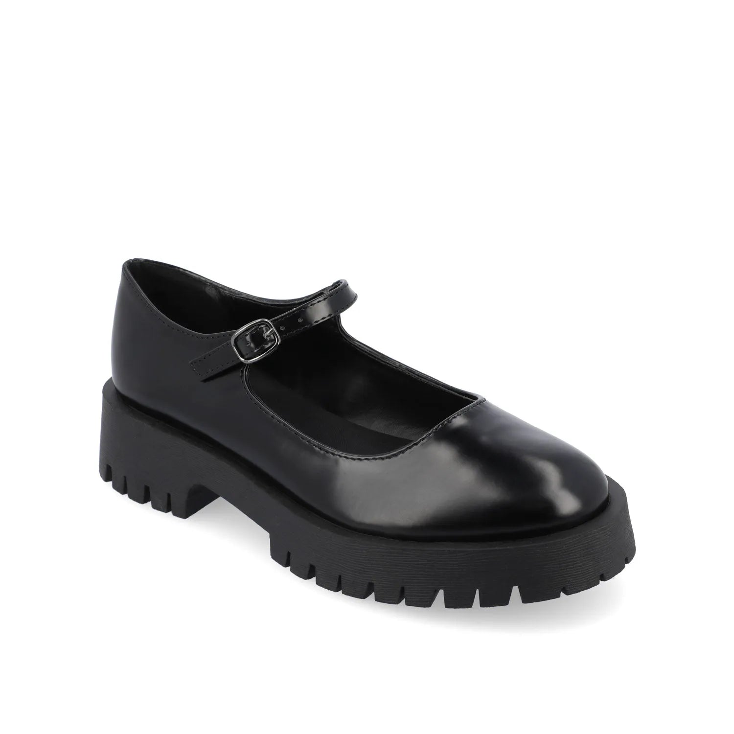 KAMIE Wide Fit Mary Jane Flats with Lug Sole in Black PU