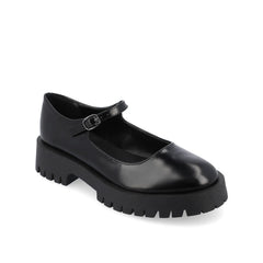 KAMIE Wide Fit Mary Jane Flats with Lug Sole in Black PU