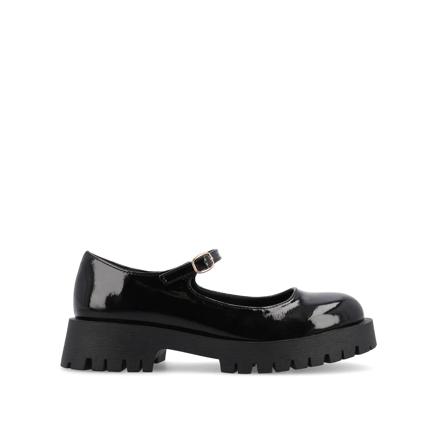 KAMIE Patent Leather Mary Jane Flats with Lug Sole - Black
