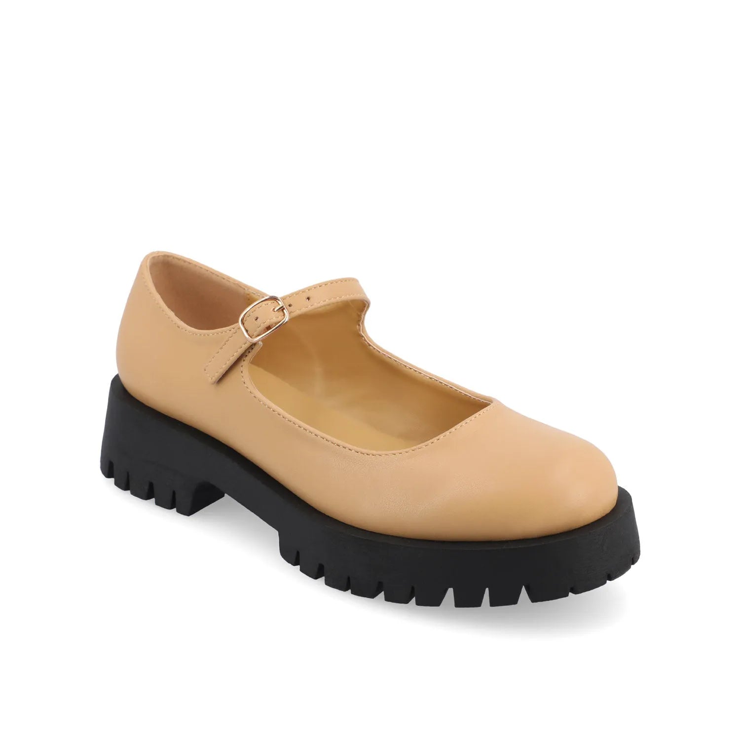 KAMIE Wide Fit Mary Jane Flats in Tan PU with Lug Sole