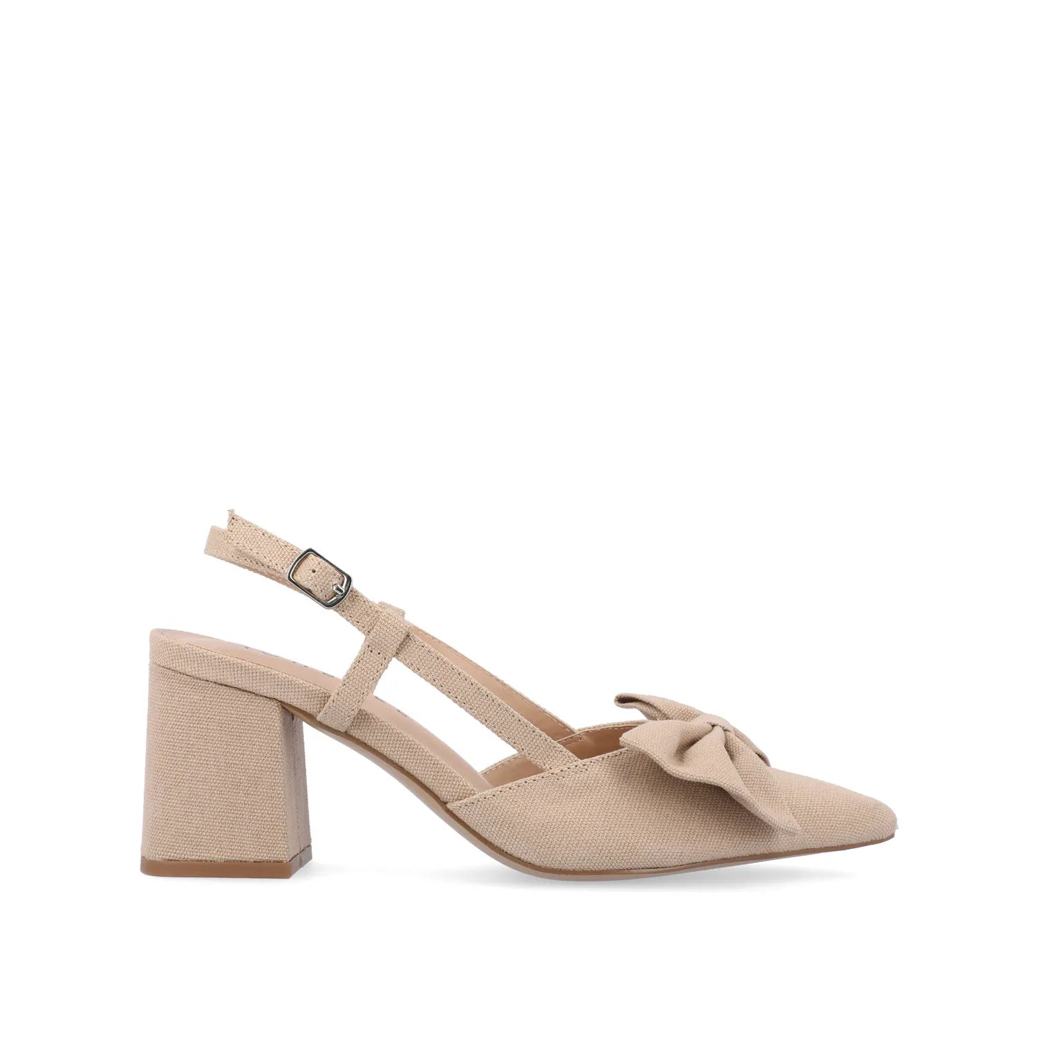TAILYNN Wide Block Heel Pumps in Tan Beige Fabric